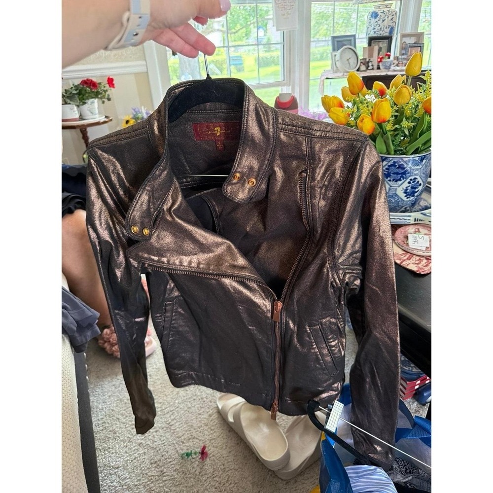 For All‎ Mankind faux leather moto jacket distinct metallic bronze women's small